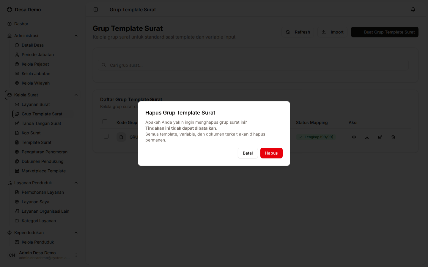 Dialog konfirmasi hapus grup template surat