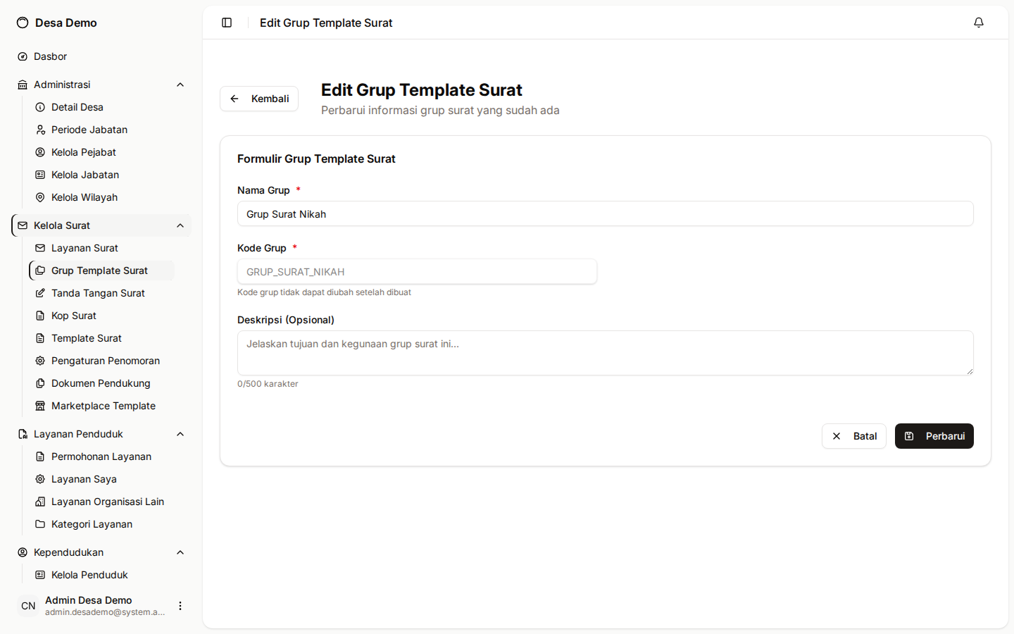 Formulir edit grup template surat