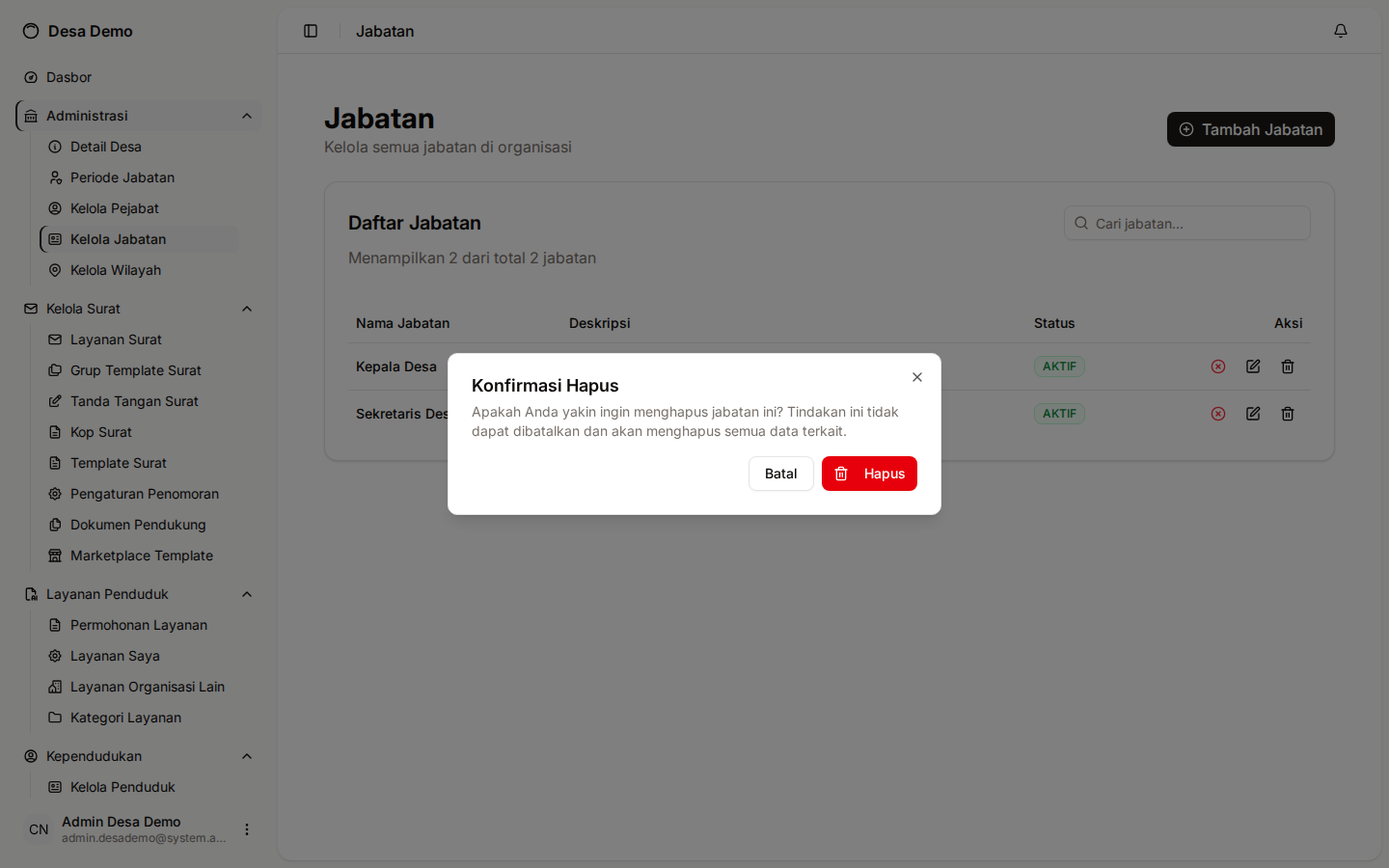Dialog konfirmasi hapus jabatan