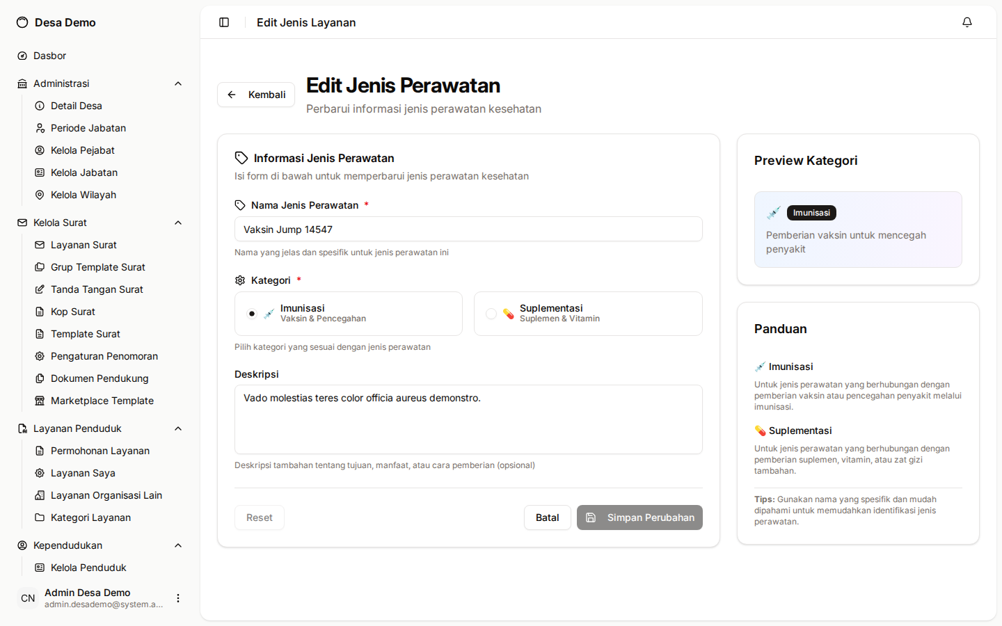 Formulir edit jenis perawatan
