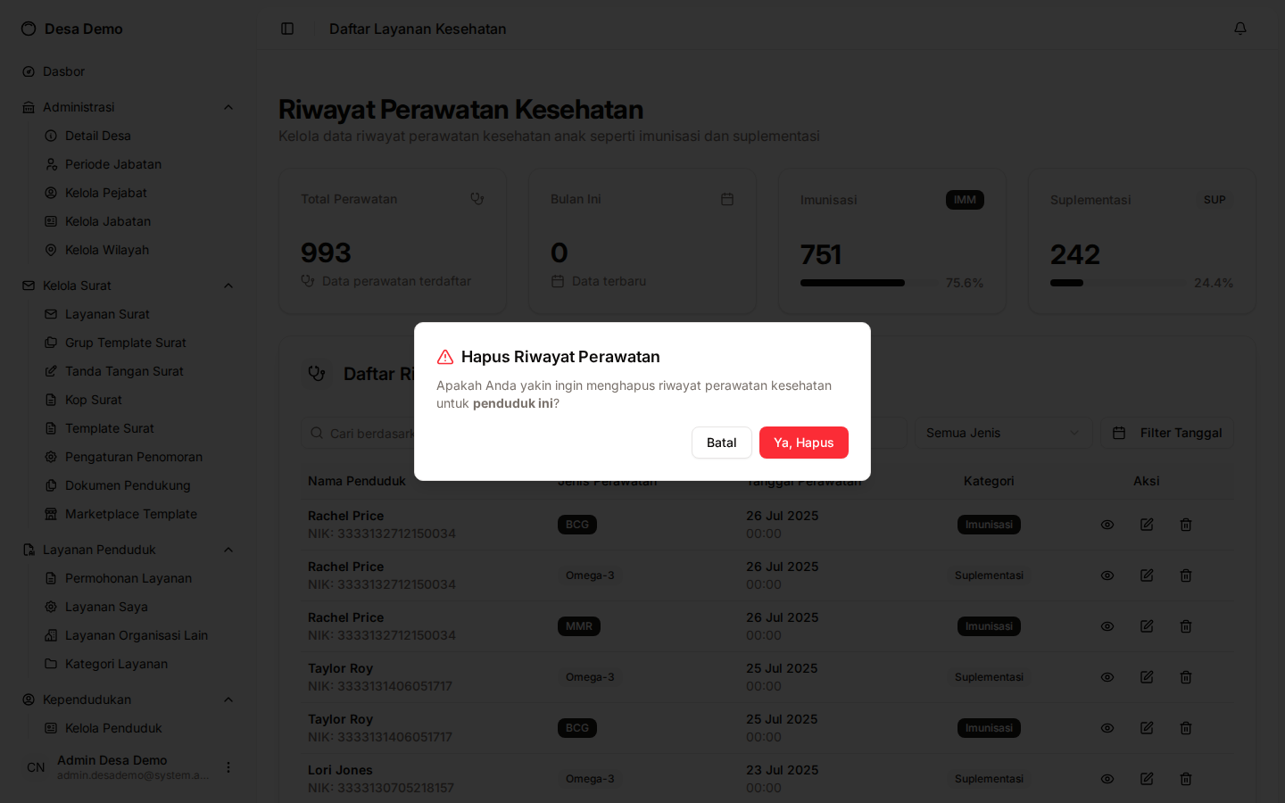 Dialog konfirmasi hapus riwayat perawatan