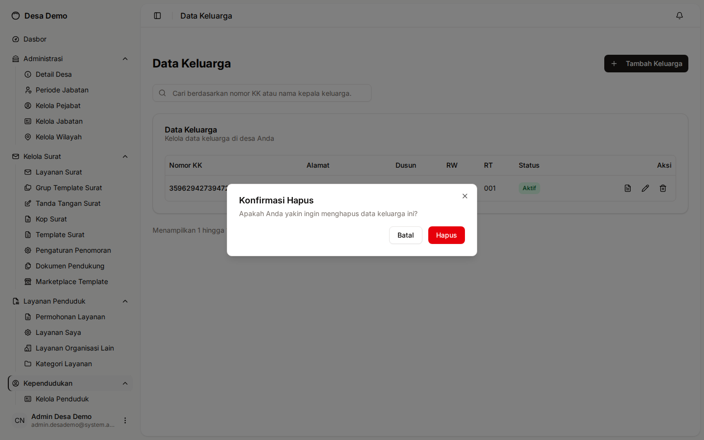 Dialog konfirmasi hapus keluarga
