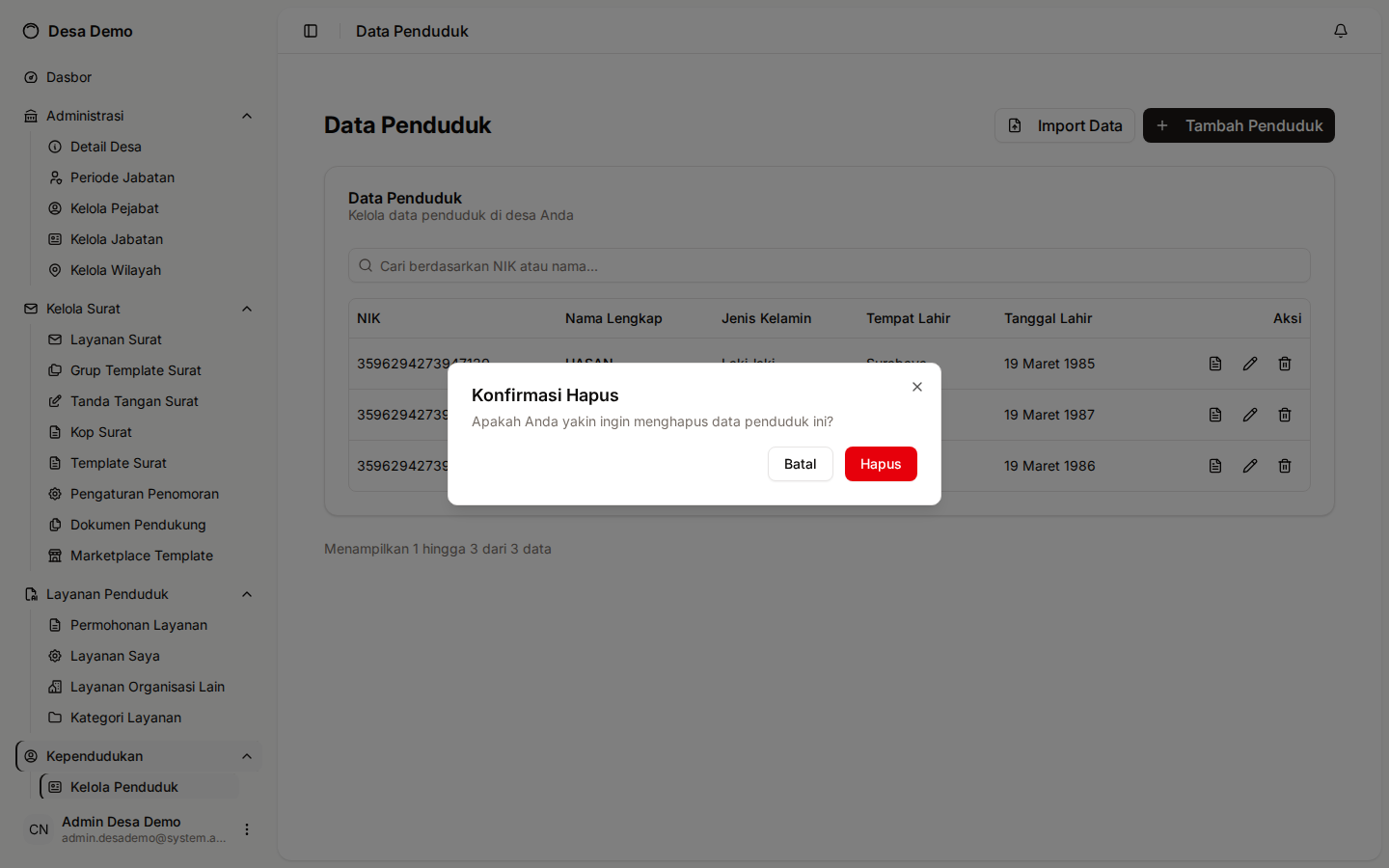 Dialog konfirmasi hapus penduduk