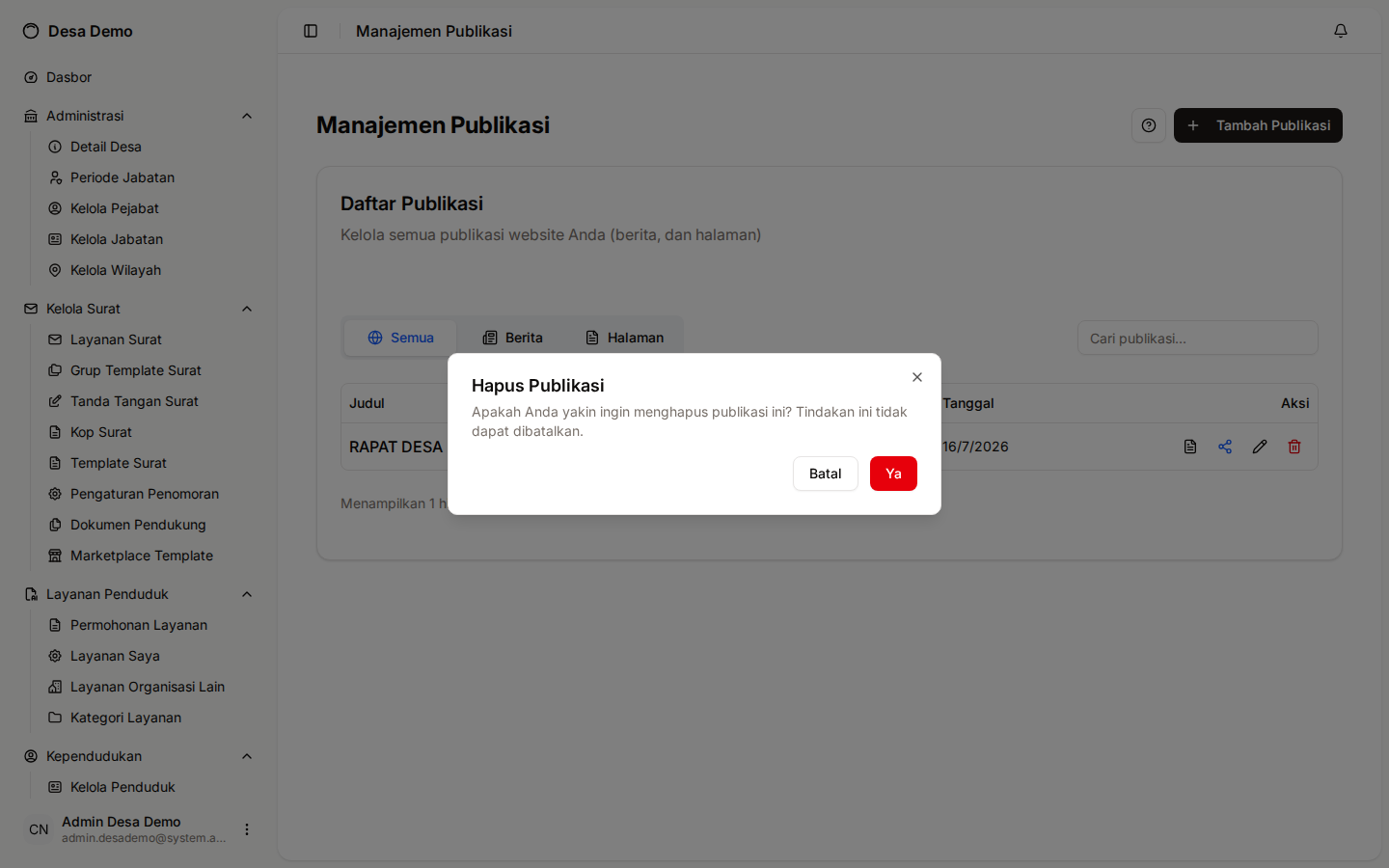 Dialog konfirmasi hapus publikasi