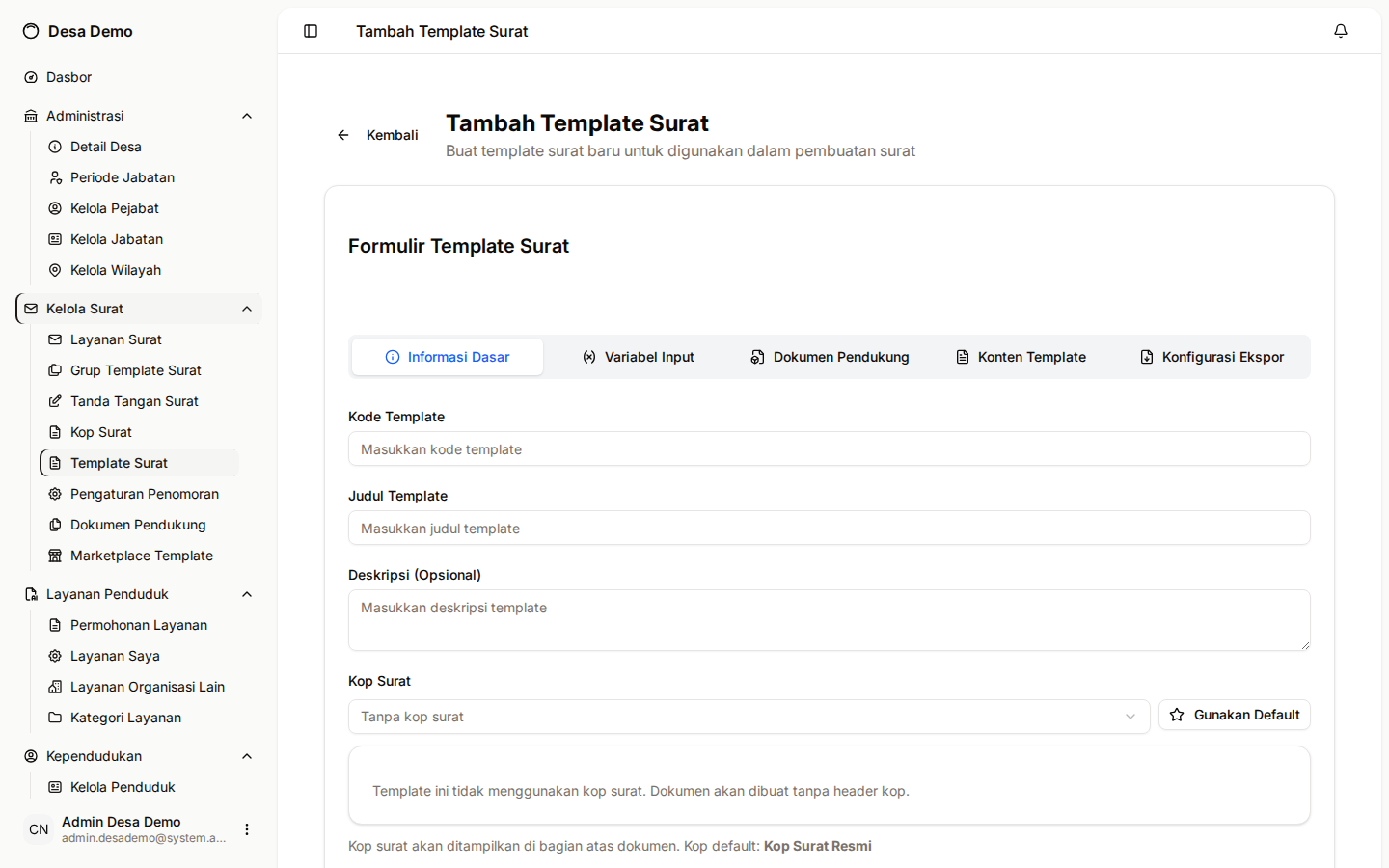 Formulir tambah template surat